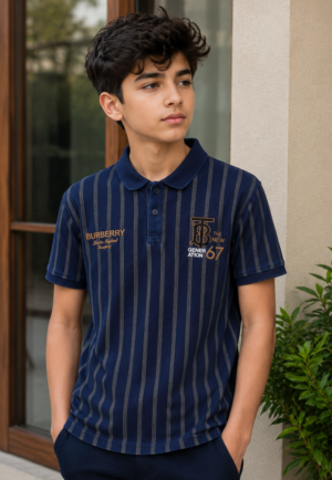 Boys Navy Blue Striped Polo Collar Cotton T-Shirt | Casual Half Sleeve Summer Tee 53713-268-BLU-LN