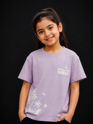 Girls Lavender "Life Is Better in Hawaii" Printed Cotton T-Shirt | Casual Half Sleeve Tee 060-268-LAV-PT