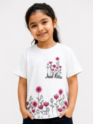 Girls White Floral Printed Cotton T-Shirt | Casual Half Sleeve Graphic Tee 070-268-WHT-PT