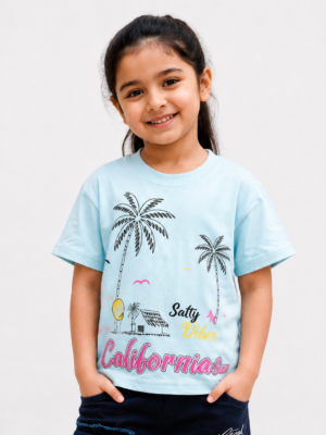 Girls Sky Blue "California Salty Vibes" Printed Cotton T-Shirt | Casual Half Sleeve Tee 070-268-S.BU-PT