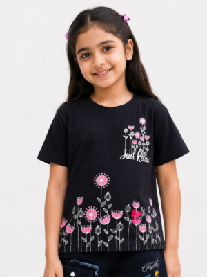 Girls Navy blue  Floral Printed Cotton T-Shirt | Casual Half Sleeve Graphic Tee 070-268-N.BU-PT