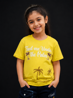 Girls Yellow "Find Me Under the Palm" Printed Cotton T-Shirt | Casual Half Sleeve Tee 070-268-YWL-PT