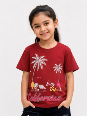 Girls Maroon "California Salty Vibes" Printed Cotton T-Shirt | Casual Half Sleeve Tee 070-268-MRN-PT