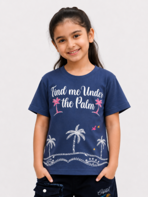 Girls Navy Blue 'Find Me Under the Palm' Printed Cotton T-Shirt | Casual Half Sleeve Tee 070-268-BLU-PT