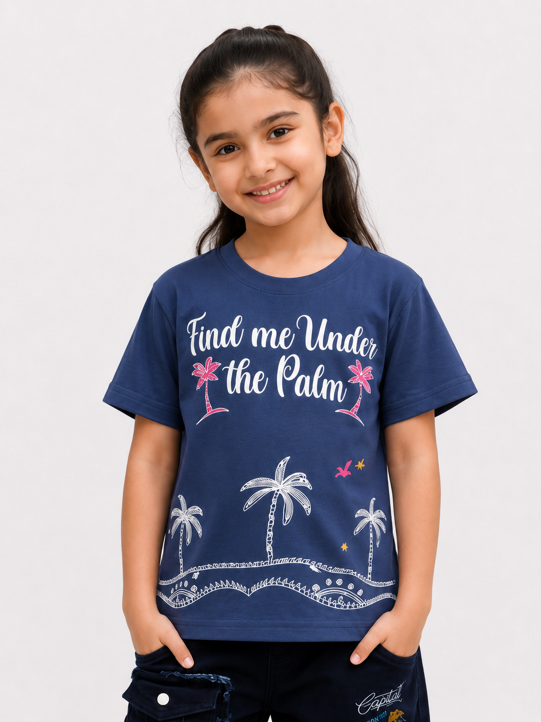 Girls Navy Blue 'Find Me Under the Palm' Printed Cotton T-Shirt | Casual Half Sleeve Tee 070-268-BLU-PT