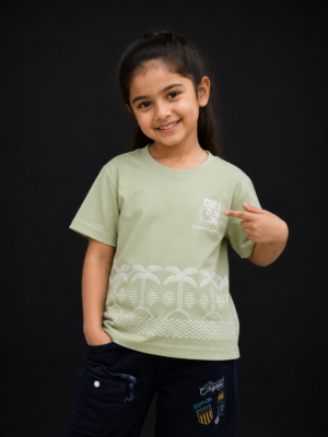 Girls Sage Green "Choose Happy" Printed Cotton T-Shirt | Casual Half Sleeve Tee 060-268-L.GN-PT