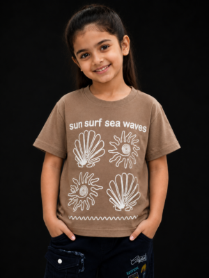Girls Brown "Sun Surf Sea Waves" Printed Cotton T-Shirt | Casual Half Sleeve Tee 060-268-MOU-PT