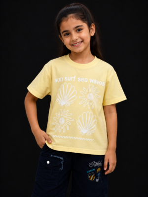 Girls Yellow "Sun Surf Sea Waves" Printed Cotton T-Shirt | Casual Half Sleeve Tee 060-268-LMN-PT