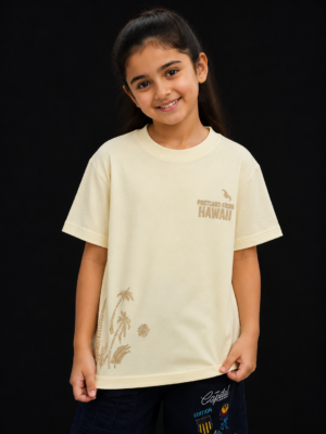 Girls Cream "Life Is Better in Hawaii" Printed Cotton T-Shirt | Casual Half Sleeve Tee  060-268-OW-PT