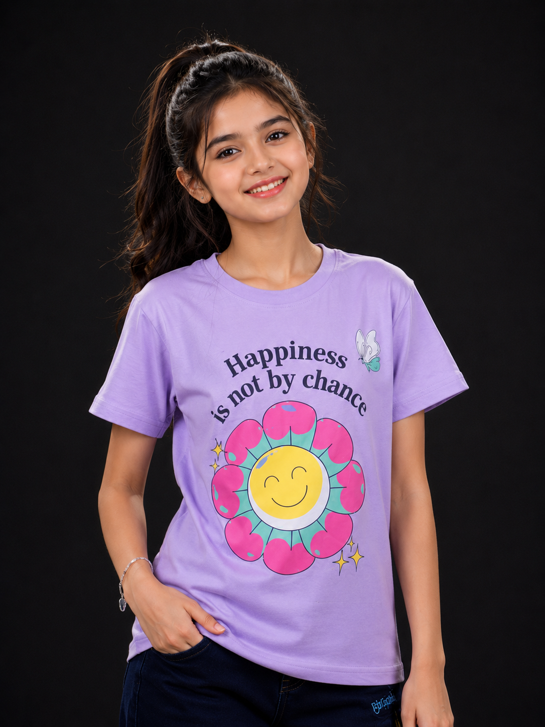 Girls Lavender "Happiness Is Not by Chance" Printed Cotton T-Shirt | Casual Half Sleeve Graphic Tee 062-268-LAV-PT