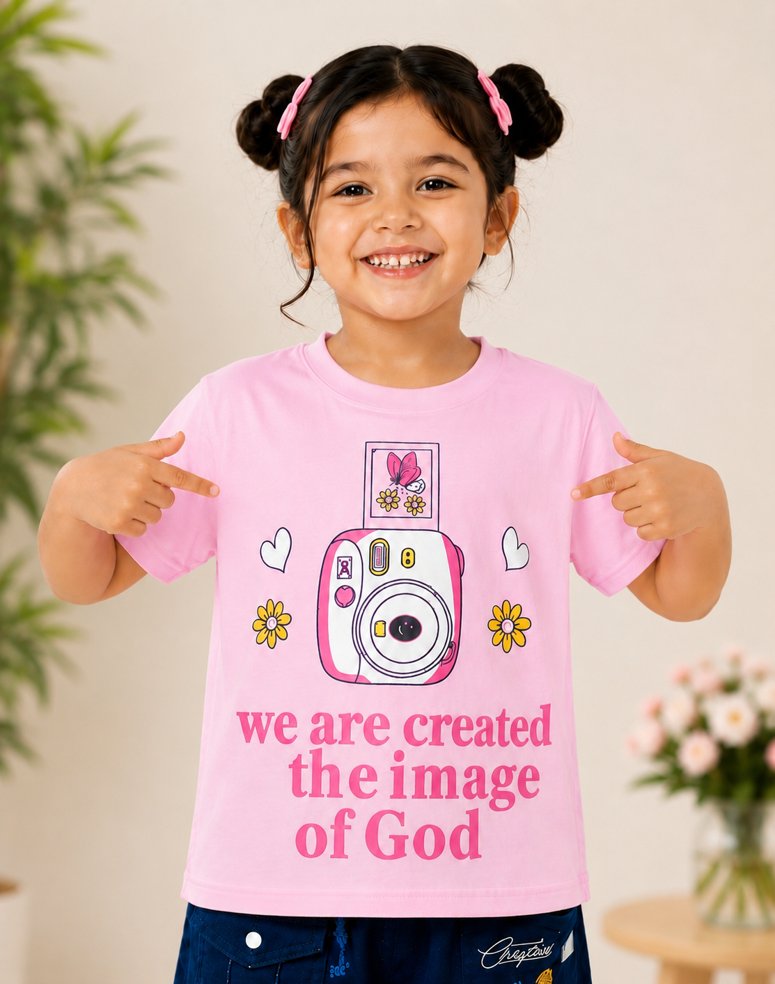 Girls Pink "We Are Created in the Image of God" Printed Cotton T-Shirt | Casual Half Sleeve Tee 062-268-PCH-PT