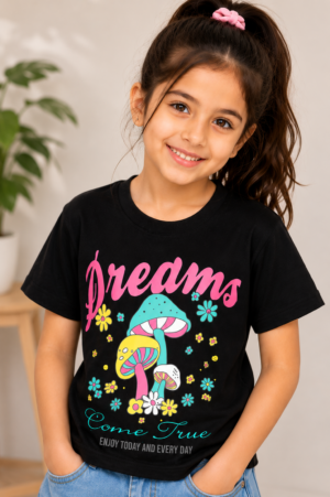 Girls Black "Dreams Come True" Printed Cotton T-Shirt | Casual Half Sleeve Graphic Tee 062-268-BLK-PT