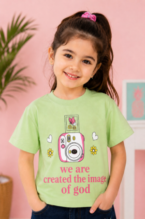 Girls Light Green "We Are Created in the Image of God" Printed Cotton T-Shirt | Casual Half Sleeve Tee 062-268-L.GN-PT