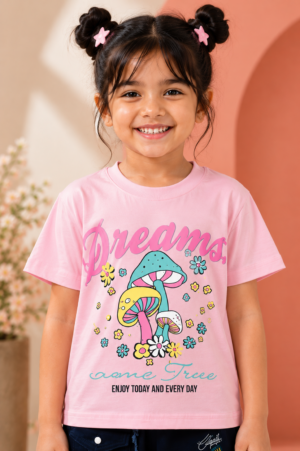 Girls Pink "Dreams Come True" Printed Cotton T-Shirt | Casual Half Sleeve Graphic Tee 062-268-PNK-PT