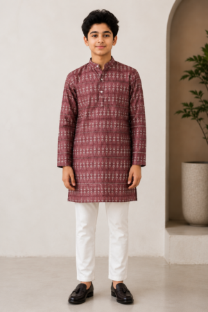 Boys Maroon Printed Cotton Kurta with White Pajama Set | Festive & Ethnic Wear  4108-248-MHR-PR