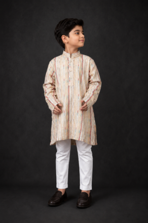 Boys Beige Striped Printed Kurta with White Pajama Set | Ethnic Festive Wear | Mandarin Collar Regular Fit  4079-248-LMN-LI