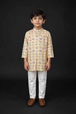 Boys Beige Floral Printed Cotton Kurta with White Pajama Set | Festive Ethnic Wear 4019-248-YLW-PR