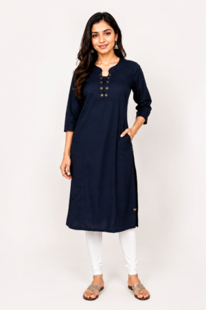 Women's Navy Blue Solid Cotton Straight Kurti | Round Neck | 3/4 Sleeves | Casual, Office & Daily Wear PO016-348-NVU-PR