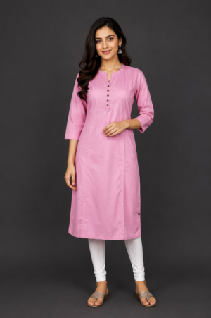 Women's Pink Solid Cotton Straight Kurti | Mandarin Collar | Front Button Design | 3/4 Sleeves | Casual, Office & Daily Wear PO017-348-LPNK-PR