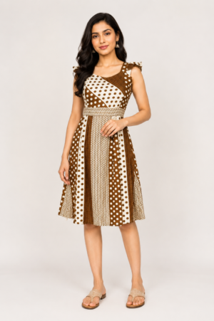 Women's Brown & Beige Polka Dot Sleeveless A-Line Midi Dress | Fit & Flare | Casual & Party Wear 2288MK-214-BRN FWN-PR