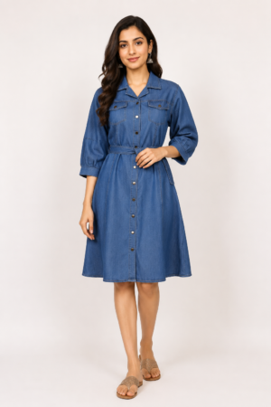 Women's Blue Denim Shirt Dress with Waist Tie Belt | Button-Down A-Line Midi | Casual & Office Wear 4004VM-214-BLU-DNM