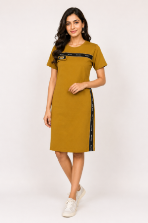 Women's Mustard Yellow Solid Cotton Blend Straight T-Shirt Dress | Half Sleeve | Casual Everyday Wear 6367-23-MSTD-PL
