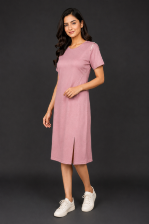 Women's Dusty Pink Solid Cotton Blend Straight T-Shirt Dress | Half Sleeve | Side Slit | Casual Everyday Wear AA02-23-PNK-PL