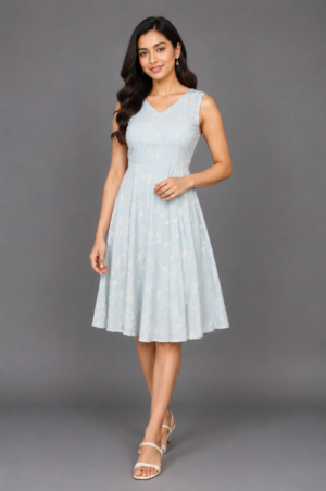 Women's Sky Blue Sleeveless A-Line Midi Dress | Elegant V-Neck | Soft & Comfortable Casual Party Wear LD47-427-FRZI-PR