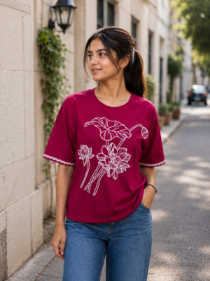 Women's Magenta Floral Print Cotton T-Shirt | Round Neck | Half Sleeve | Soft & Comfortable Casual Everyday Wear M3-406-D-PNK-PR