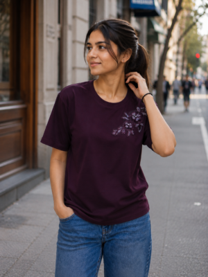 Women's Wine Purple Floral Print Cotton T-Shirt | Round Neck | Half Sleeve | Soft & Comfortable Casual Everyday Wear LD21-427-D-PNK-EM