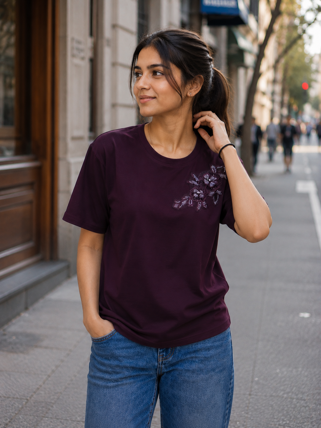 Women's Wine Purple Floral Print Cotton T-Shirt | Round Neck | Half Sleeve | Soft & Comfortable Casual Everyday Wear LD21-427-D-PNK-EM
