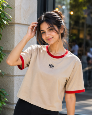 Women's Beige Cotton Contrast Ringer Crop T-Shirt | Half Sleeve | Soft & Comfortable Casual Everyday Wear 1533-268-L-PST GRN-PR