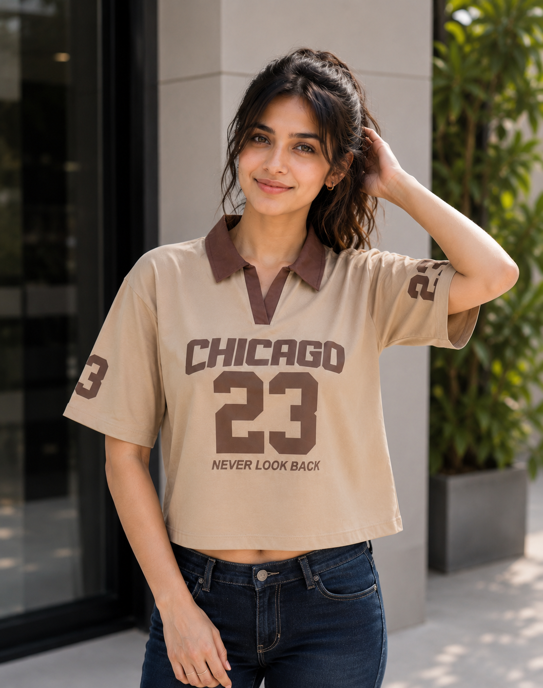 Women's Beige Chicago 23 Graphic Print Polo Crop T-Shirt | Half Sleeve | Soft Cotton Casual Everyday Wear 1527-268-CFE-PR