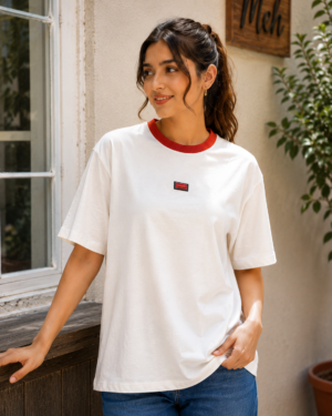 Women's White Cotton Oversized T-Shirt with Red Contrast Crew Neck | Half Sleeve | Soft & Comfortable Casual Everyday Wear 1334-268-CRM-PR