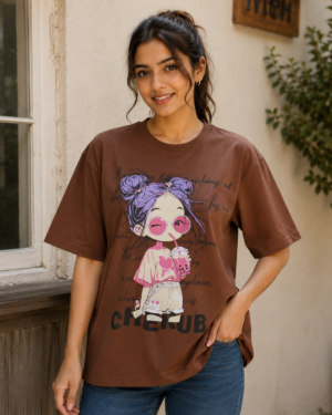 Women's Brown Graphic Print Oversized Cotton T-Shirt | Round Neck | Half Sleeve | Soft & Comfortable Casual Everyday Wear 1314-268-D-BRN-PR