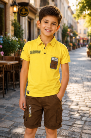 Boys Yellow Polo T-Shirt & Brown Cargo Shorts Co-Ord Set | Smart Casual Summer Outfit 8340-30-MST-PR