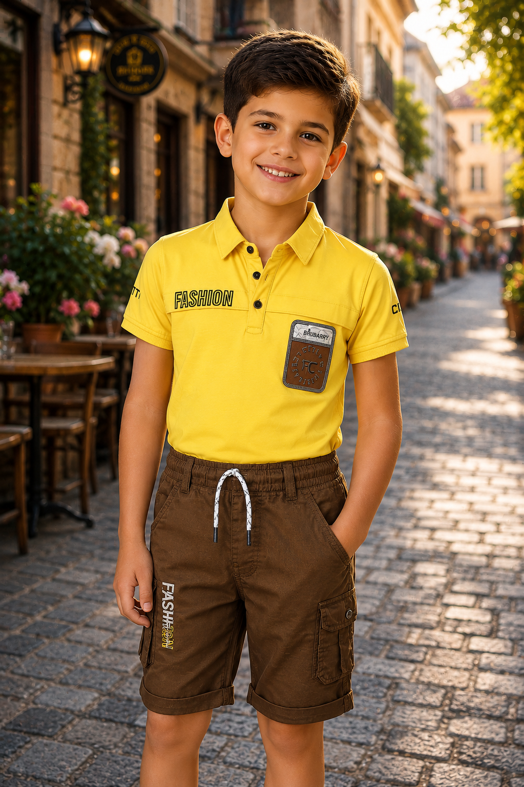 Boys Yellow Polo T-Shirt & Brown Cargo Shorts Co-Ord Set | Smart Casual Summer Outfit 8340-30-MST-PR - Image 2