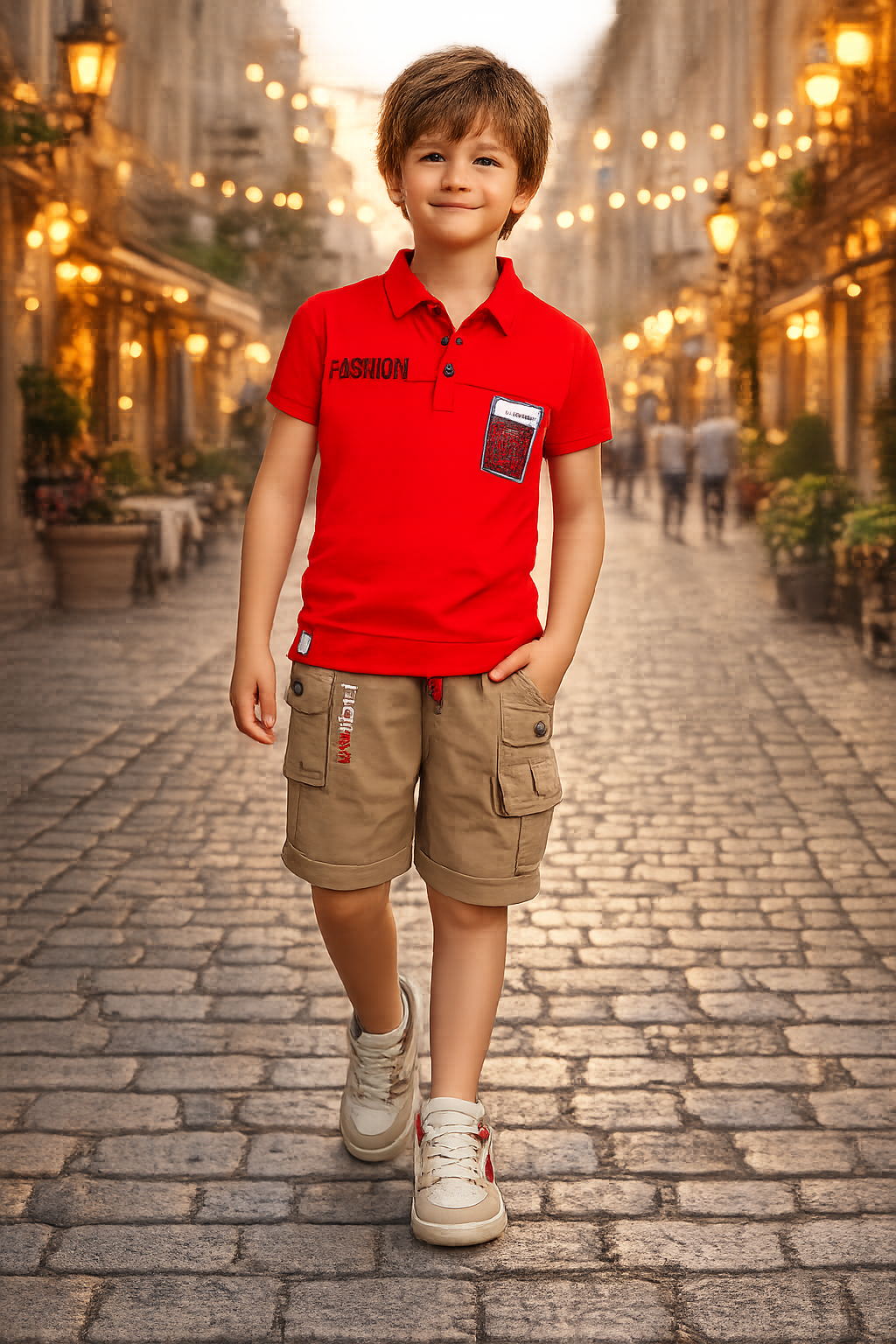 Boys Red Polo T-Shirt & Beige Cargo Shorts Co-Ord Set | Smart Casual Summer Outfit | Soft Cotton Blend 8340PR-30-RED