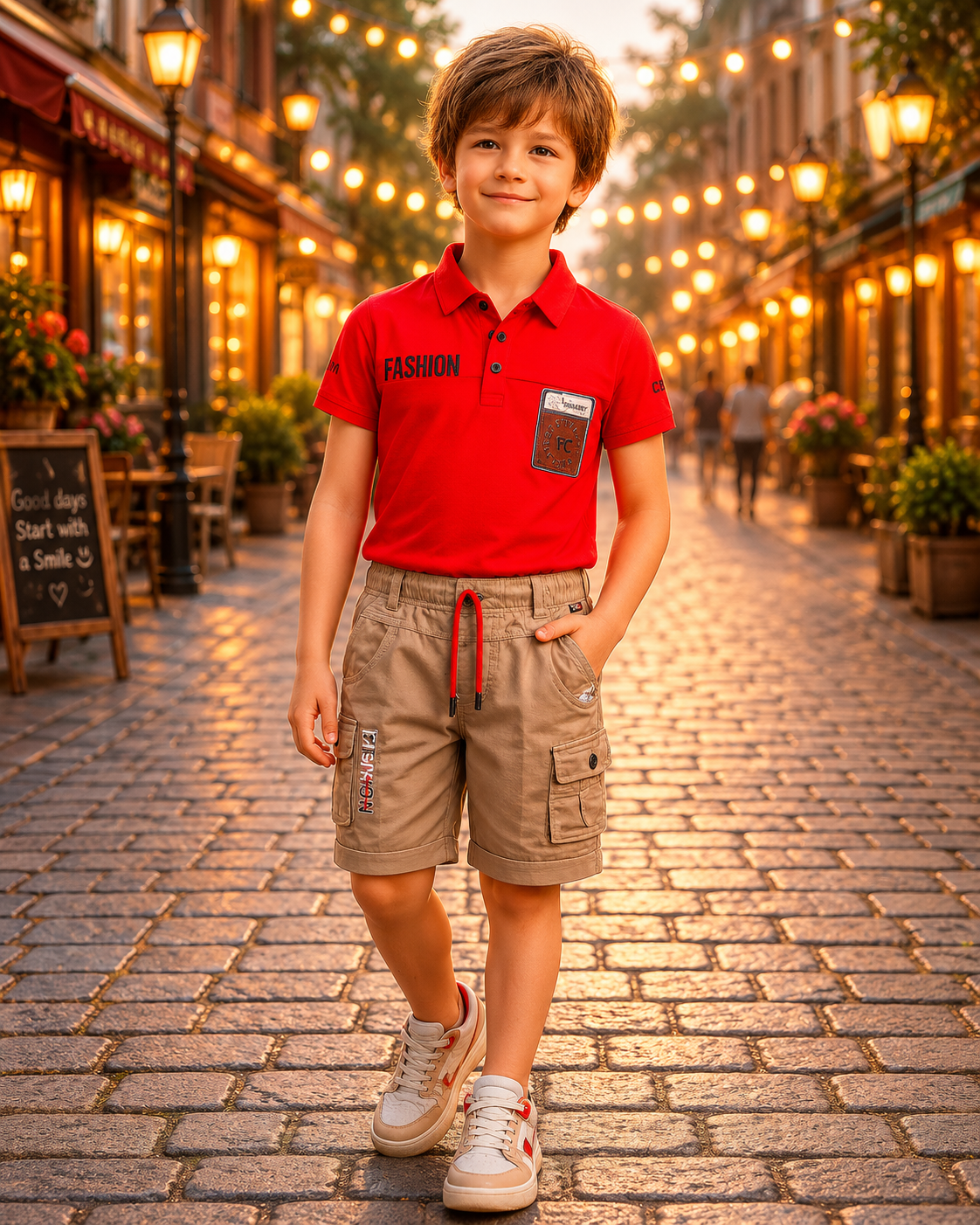 Boys Red Polo T-Shirt & Beige Cargo Shorts Co-Ord Set | Smart Casual Summer Outfit | Soft Cotton Blend 8340PR-30-RED - Image 2