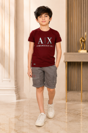 Boys Maroon Graphic T-Shirt & Dark Grey Cargo Shorts Co-Ord Set | Premium Casual Summer Outfit | Soft Cotton Blend 8306LT-30-MHRN