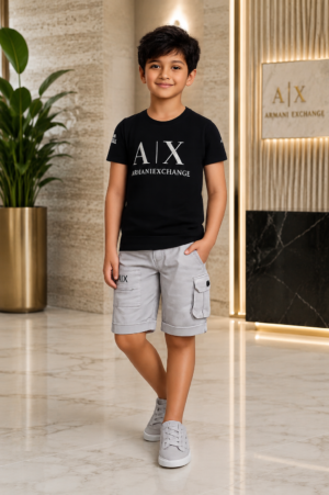 Boys Black Graphic T-Shirt & Light Grey Cargo Shorts Co-Ord Set | Premium Casual Summer Outfit | Soft Cotton Blend 8306LT-30-BLK