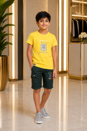 Boys Yellow Printed T-Shirt & Dark Green Cargo Shorts Co-Ord Set | Casual Summer Outfit | Soft Cotton Blend 8139PT-30-MST