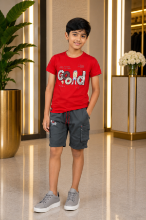 Boys Red Graphic T-Shirt & Charcoal Grey Cargo Shorts Co-Ord Set | Casual Summer Outfit | Soft Cotton Blend 8357LT-30-RED