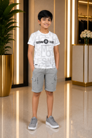 Boys White Printed T-Shirt & Light Grey Cargo Shorts Co-Ord Set | Casual Summer Outfit 8354PT-30-WHT