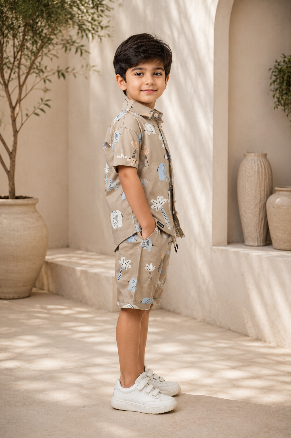 Boys Beige Elephant Print Half Sleeve Shorts Co-ord Set | Premium Cotton Summer Outfit for Kids 385PT-30-FWN - Image 5