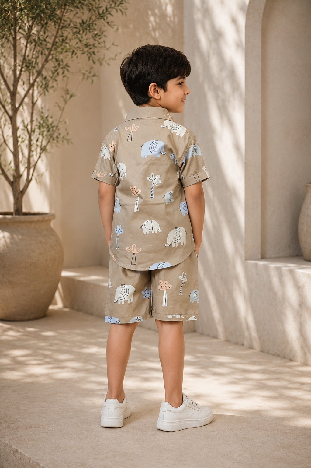 Boys Beige Elephant Print Half Sleeve Shorts Co-ord Set | Premium Cotton Summer Outfit for Kids 385PT-30-FWN - Image 2