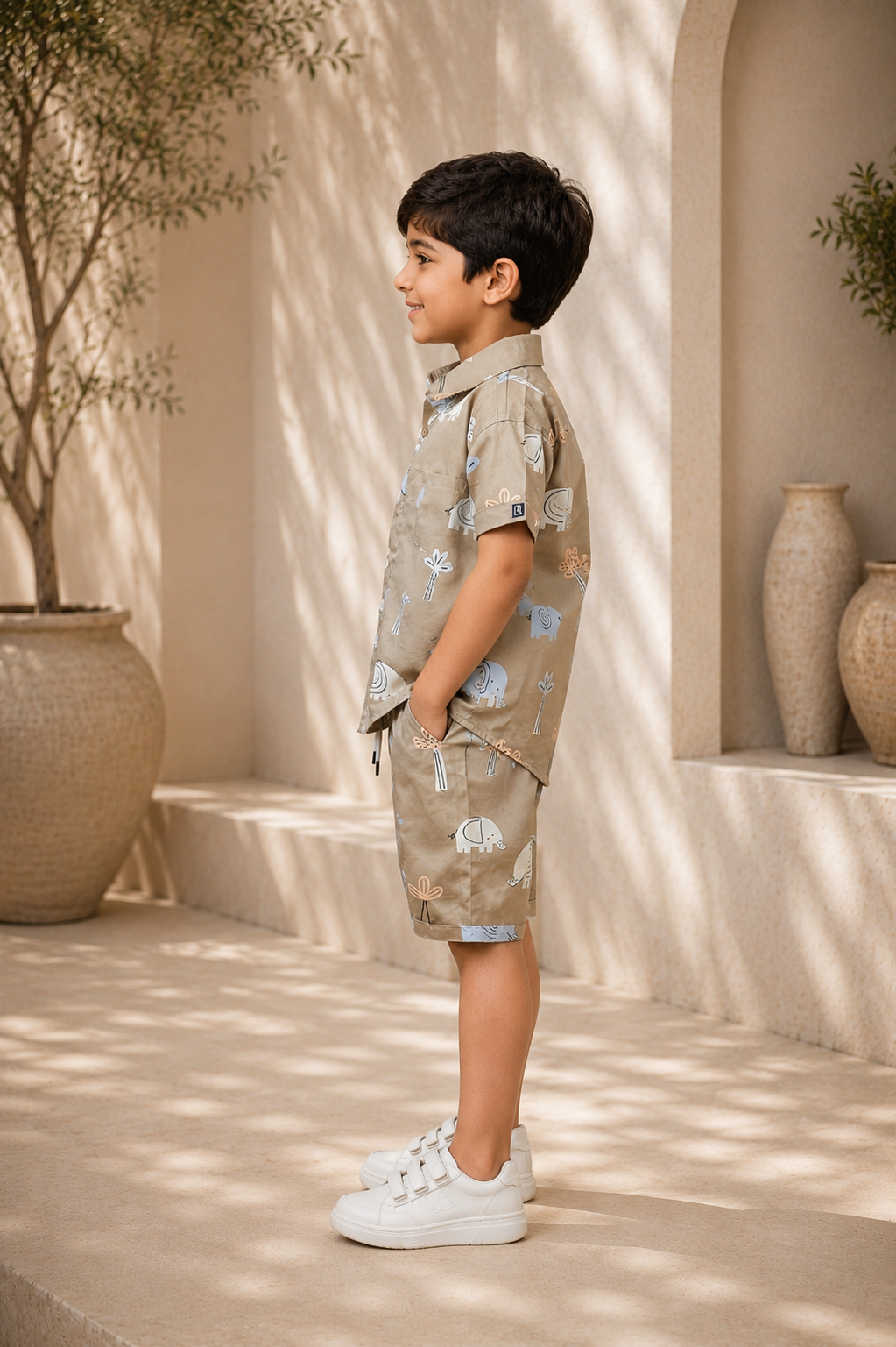 Boys Beige Elephant Print Half Sleeve Shorts Co-ord Set | Premium Cotton Summer Outfit for Kids 385PT-30-FWN - Image 3
