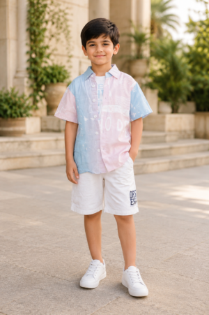 Boys Pink & Blue  Color Block Half Sleeve  White Shorts Co-ord Set | Premium Summer Casual Outfit for Kids 2585PT-30-BLU