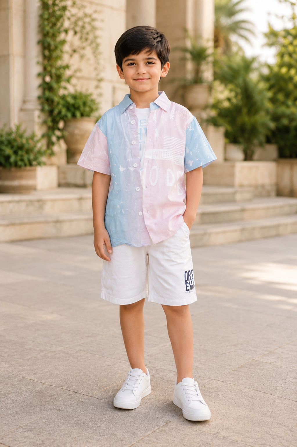 Boys Pink & Blue Color Block Half Sleeve White Shorts Co-ord Set | Premium Summer Casual Outfit for Kids 2585PT-30-BLU