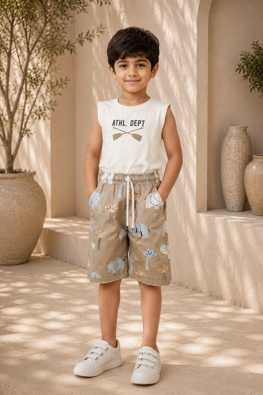 Boys Beige Elephant Print Half Sleeve Shorts Co-ord Set | Premium Cotton Summer Outfit for Kids 385PT-30-FWN - Image 4